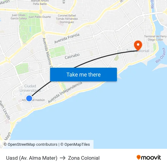 Uasd (Av. Alma Mater) to Zona Colonial map