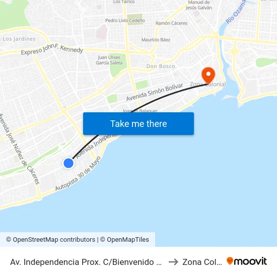 Av. Independencia Prox. C/Bienvenido Hernan Suarez to Zona Colonial map