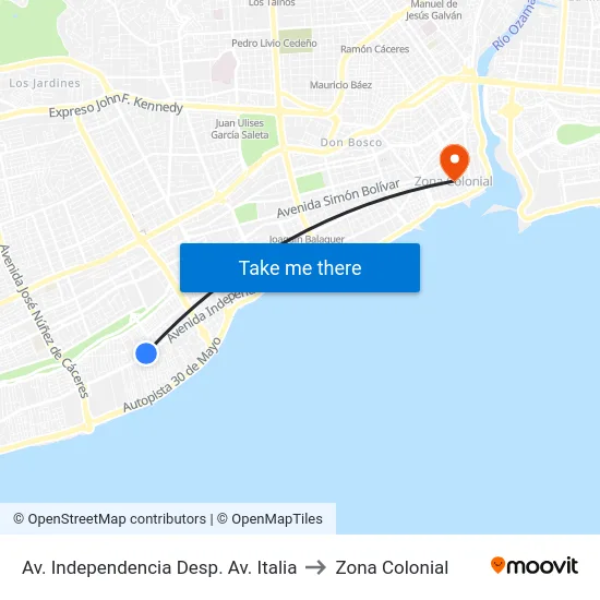 Av. Independencia Desp. Av. Italia to Zona Colonial map