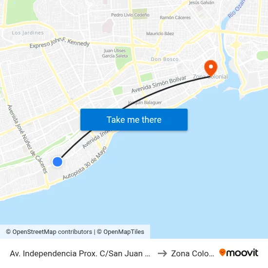 Av. Independencia Prox. C/San Juan Bautista to Zona Colonial map