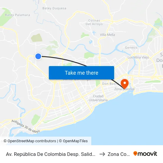 Av. República De Colombia Desp. Salida Ciudad Real 1 to Zona Colonial map
