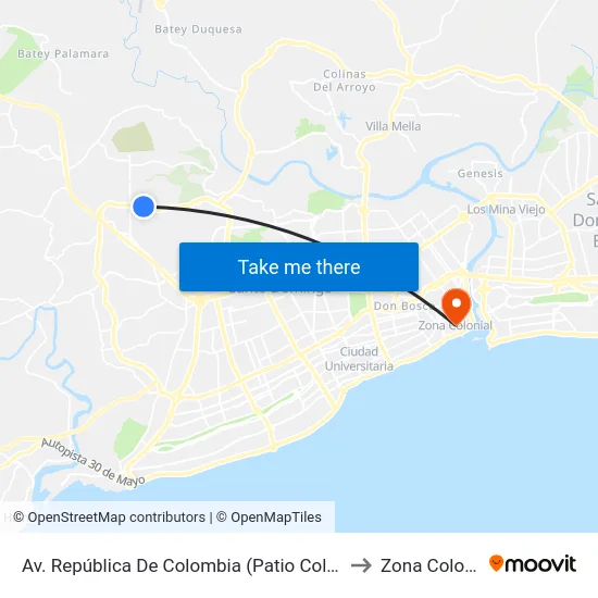 Av. República De Colombia (Patio Colombia) to Zona Colonial map