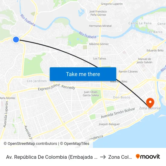 Av. República De Colombia (Embajada Americana) to Zona Colonial map