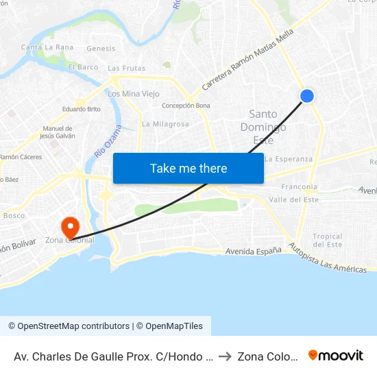 Av. Charles De Gaulle Prox. C/Hondo Valle to Zona Colonial map