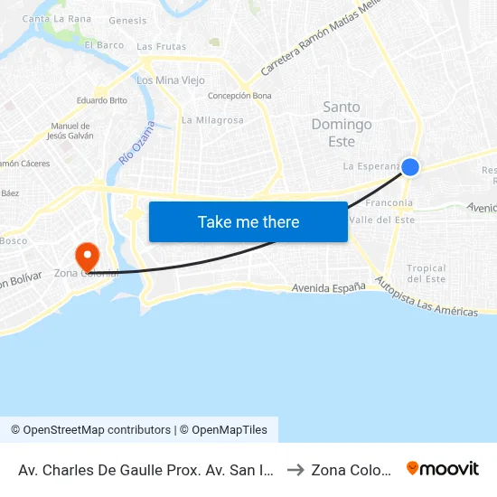 Av. Charles De Gaulle Prox. Av. San Isidro to Zona Colonial map
