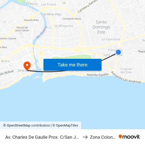 Av. Charles De Gaulle Prox. C/San José to Zona Colonial map