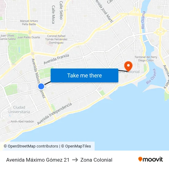 Avenida Máximo Gómez 21 to Zona Colonial map