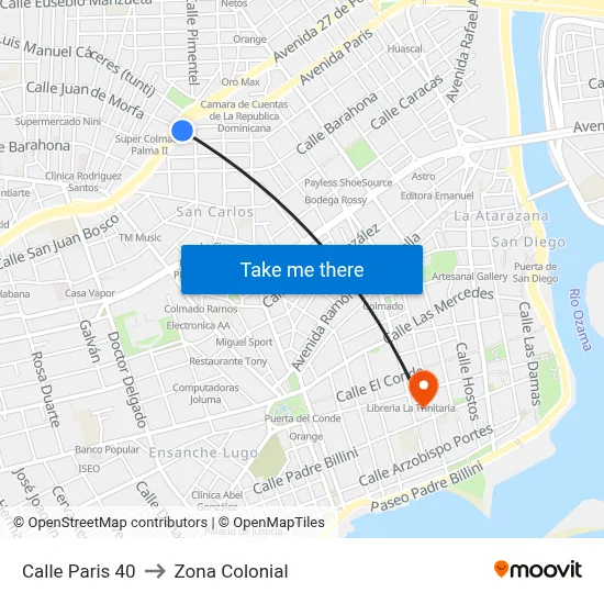 Calle Paris 40 to Zona Colonial map