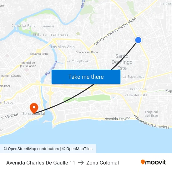 Avenida Charles De Gaulle 11 to Zona Colonial map