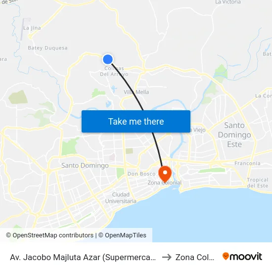 Av. Jacobo Majluta Azar (Supermercado Tellus) to Zona Colonial map