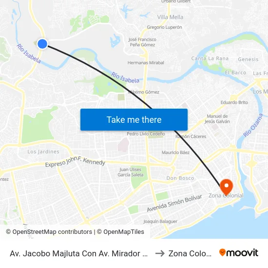 Av. Jacobo Majluta Con Av. Mirador Norte to Zona Colonial map