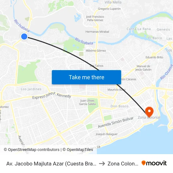 Av. Jacobo Majluta Azar (Cuesta Brava) to Zona Colonial map