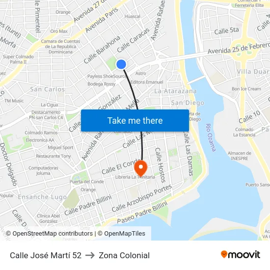 Calle José Martí 52 to Zona Colonial map
