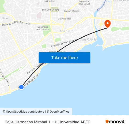 Calle Hermanas Mirabal 1 to Universidad APEC map