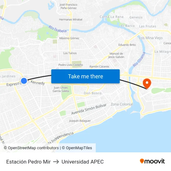 Estación Pedro Mir to Universidad APEC map