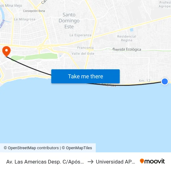 Av. Las Americas Desp. C/Apóstol to Universidad APEC map