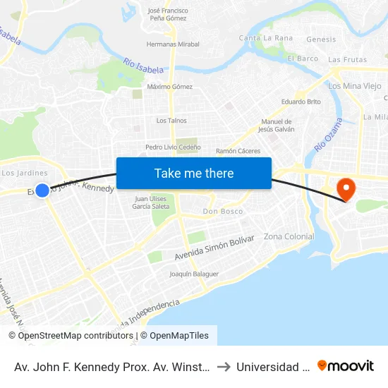 Av. John F. Kennedy Prox. Av. Winston Churchill to Universidad APEC map