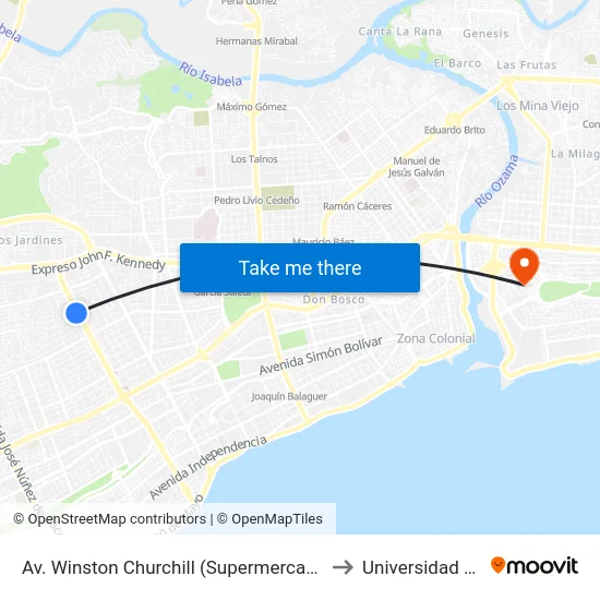 Av. Winston Churchill (Supermercados Bravo) to Universidad APEC map