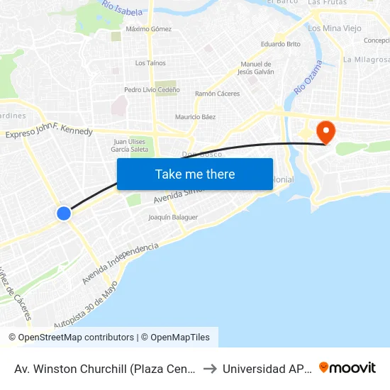 Av. Winston Churchill (Plaza Central) to Universidad APEC map