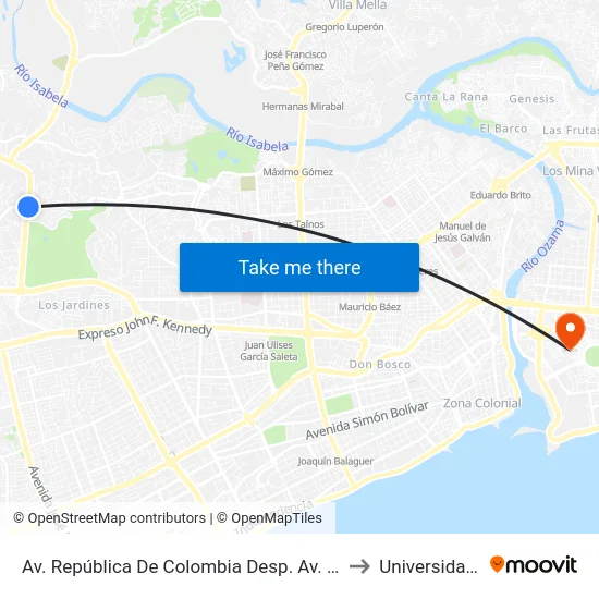 Av. República De Colombia Desp. Av. Carlos Perez Ricart to Universidad APEC map