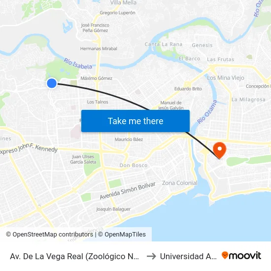 Av. De La Vega Real (Zoológico Nacional) to Universidad APEC map