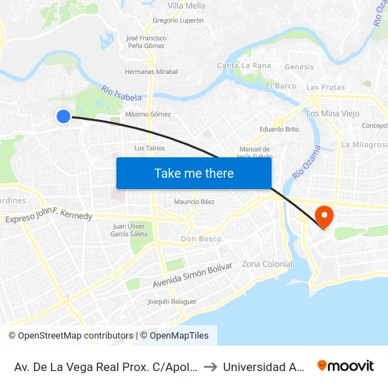 Av. De La Vega Real Prox. C/Apolo 11 to Universidad APEC map