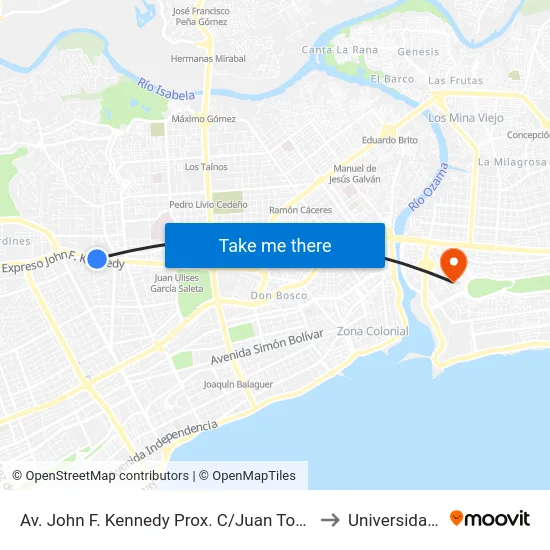 Av. John F. Kennedy Prox. C/Juan Tomas Mejia Y Cortes to Universidad APEC map