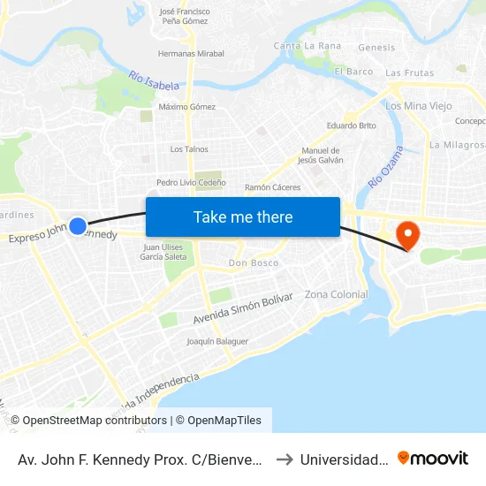 Av. John F. Kennedy Prox. C/Bienvenido G. Gautier to Universidad APEC map