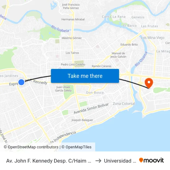 Av. John F. Kennedy Desp. C/Haim Lopez Penha to Universidad APEC map