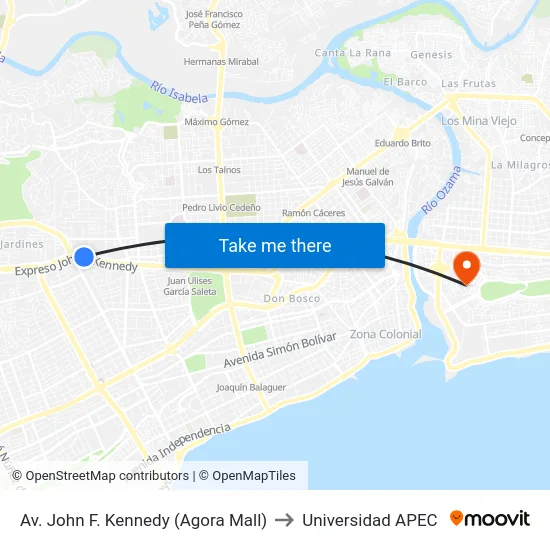Av. John F. Kennedy (Agora Mall) to Universidad APEC map