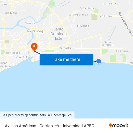 Av. Las Américas - Garrido to Universidad APEC map
