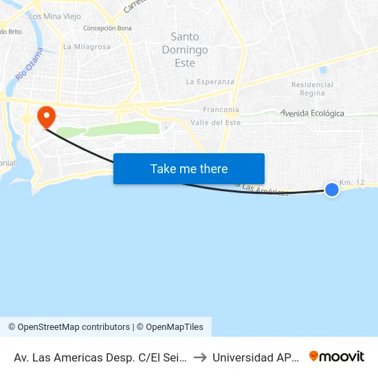 Av. Las Americas Desp. C/El Seibo to Universidad APEC map