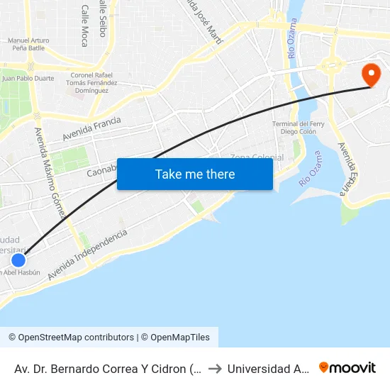 Av. Dr. Bernardo Correa Y Cidron (Uasd) to Universidad APEC map