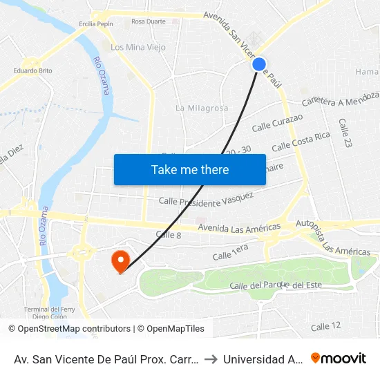 Av. San Vicente De Paúl Prox. Carr. Mella to Universidad APEC map