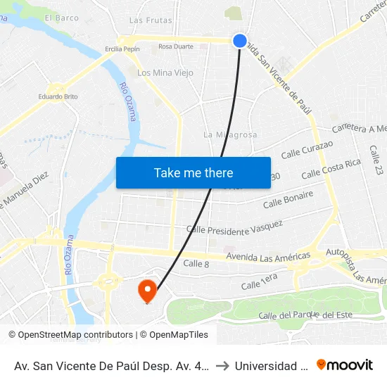 Av. San Vicente De Paúl Desp. Av. 4 De Agosto to Universidad APEC map