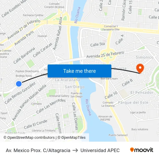 Av. Mexico Prox. C/Altagracia to Universidad APEC map