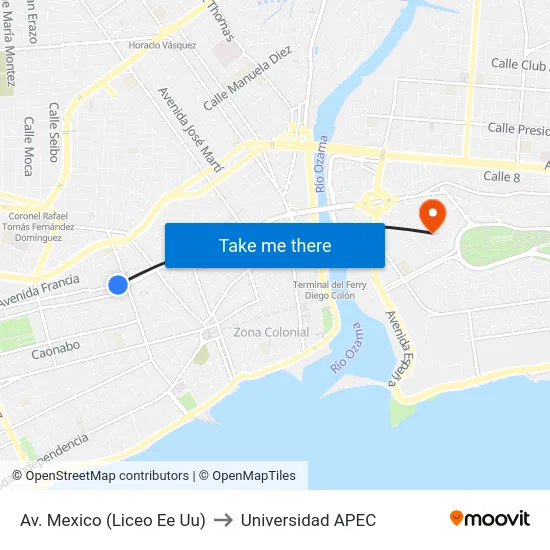 Av. Mexico (Liceo Ee Uu) to Universidad APEC map