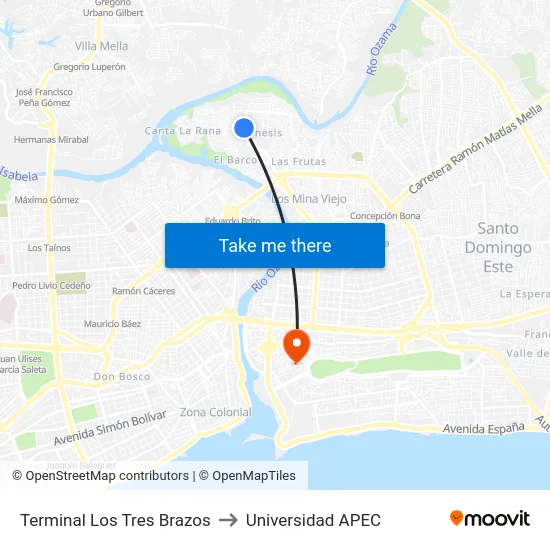 Terminal Los Tres Brazos to Universidad APEC map