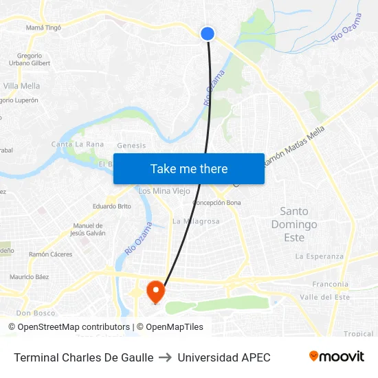 Terminal Charles De Gaulle to Universidad APEC map