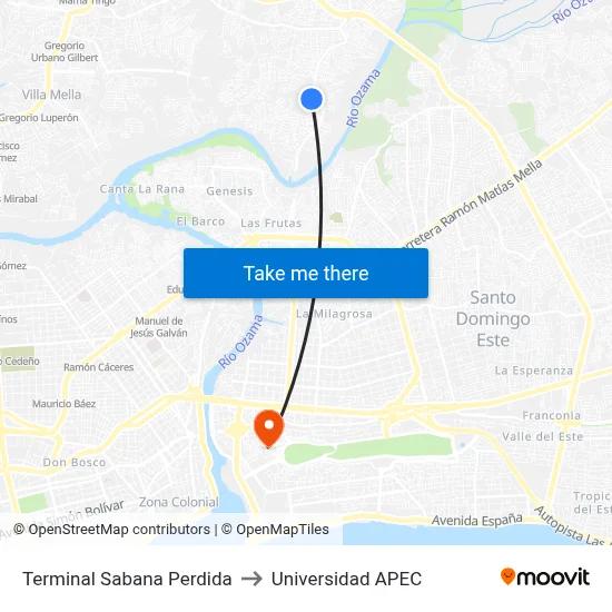Terminal Sabana Perdida to Universidad APEC map