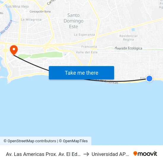 Av. Las Americas Prox. Av. El Edén to Universidad APEC map