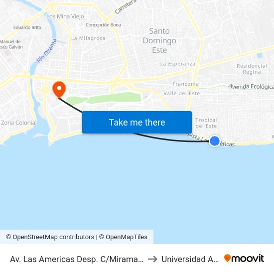 Av. Las Americas Desp. C/Miramar Norte to Universidad APEC map