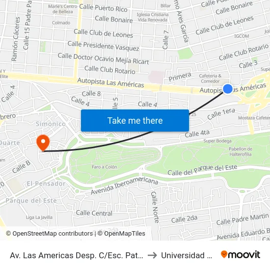 Av. Las Americas Desp. C/Esc. Patria Mella to Universidad APEC map