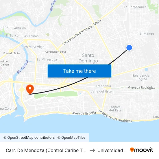 Carr. De Mendoza (Control Caribe Tours Urbano) to Universidad APEC map