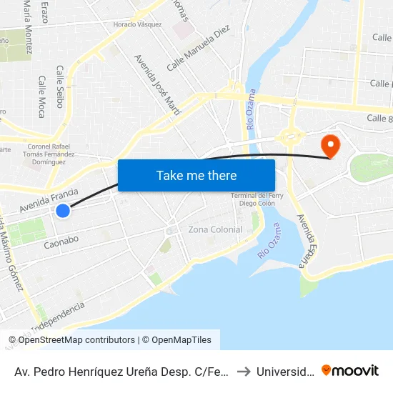 Av. Pedro Henríquez Ureña Desp. C/Federico Henriquez Y Carvajal to Universidad APEC map