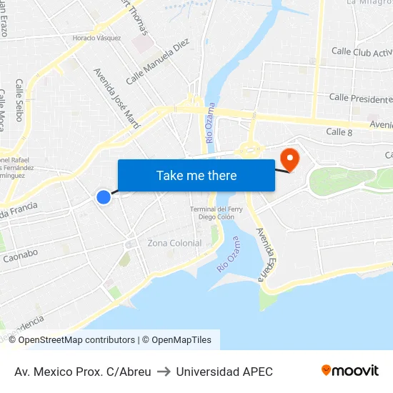 Av. Mexico Prox. C/Abreu to Universidad APEC map