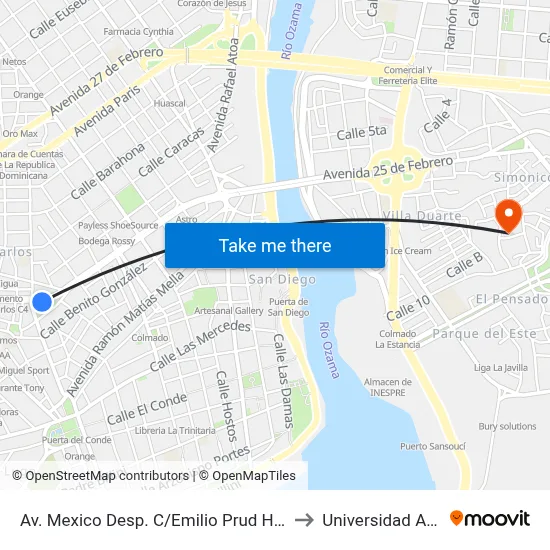 Av. Mexico Desp. C/Emilio Prud Homme to Universidad APEC map