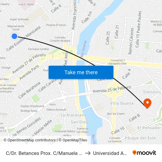 C/Dr. Betances Prox. C/Manuela Diez to Universidad APEC map