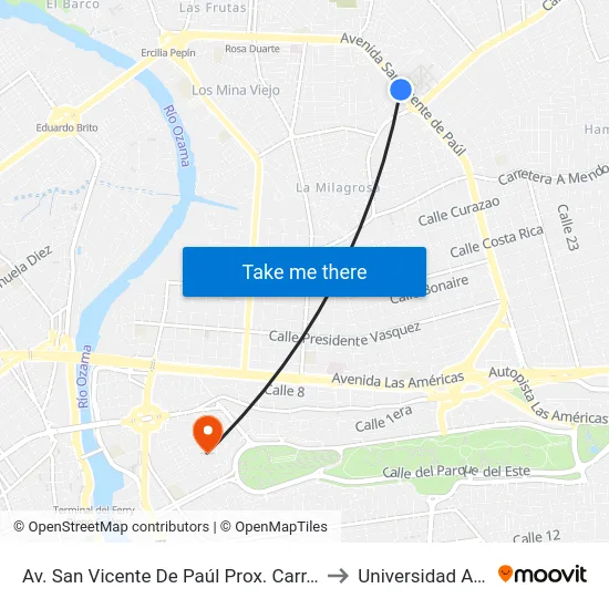 Av. San Vicente De Paúl Prox. Carr. Mella to Universidad APEC map