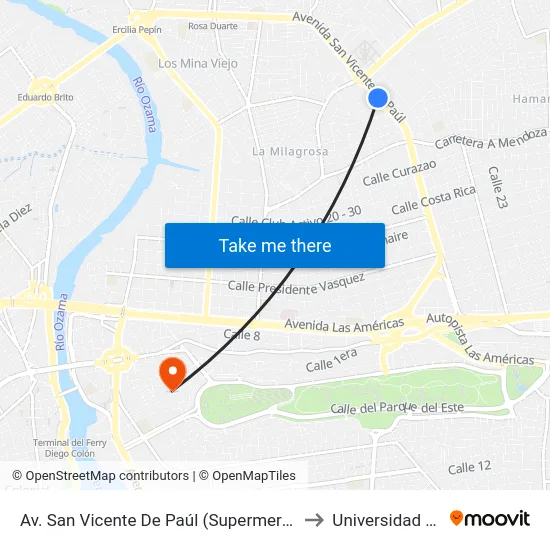 Av. San Vicente De Paúl (Supermercados Olé) to Universidad APEC map